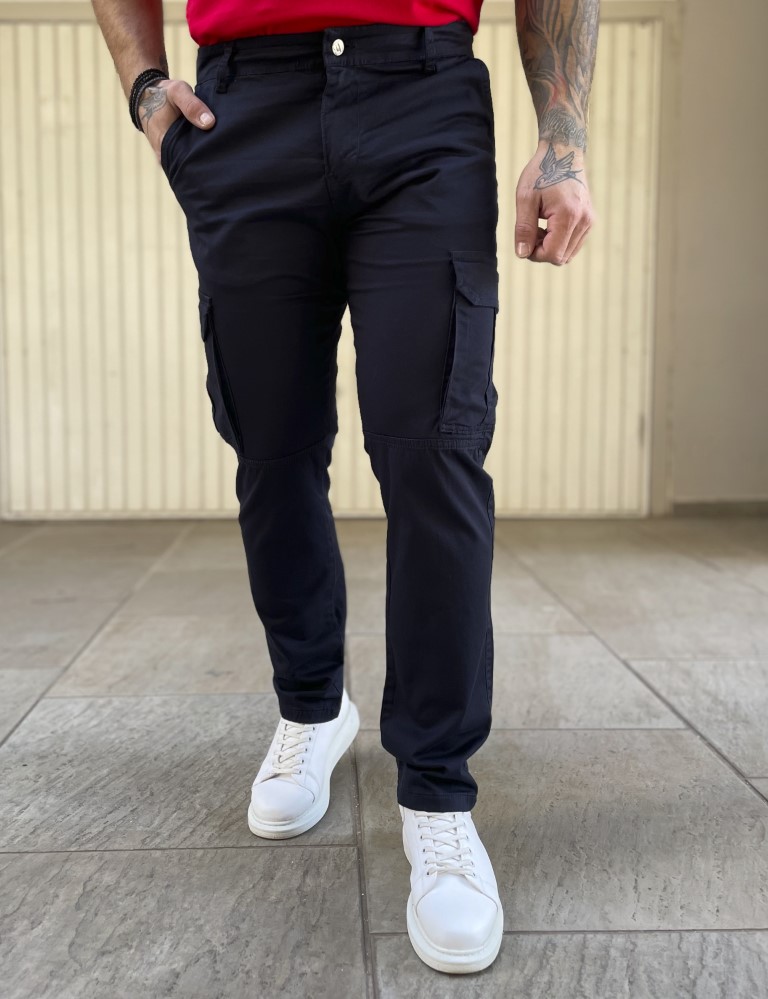 Ανδρικό cargo ίσιο μπλε υφασμάτινο παντελόνι BO1682N φωτογραφία